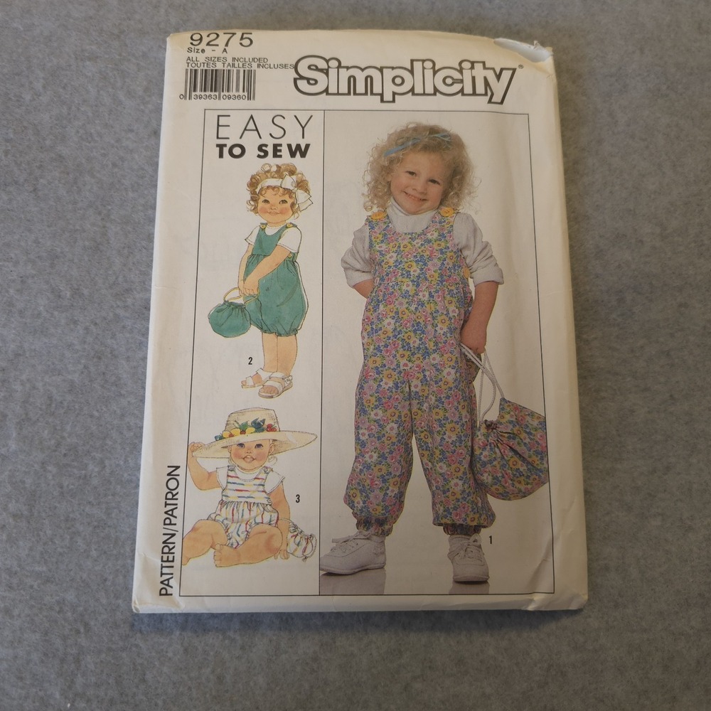 Vintage‎ Simplicity 9275 Girl's Overalls Romper Hat Bag Pattern Size 2 UNCUT